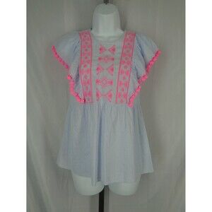 Lilly Pulitzer Raquelle Swiss Dot Dobby Chambray Pom Pom Flutter Top Sz XXS New